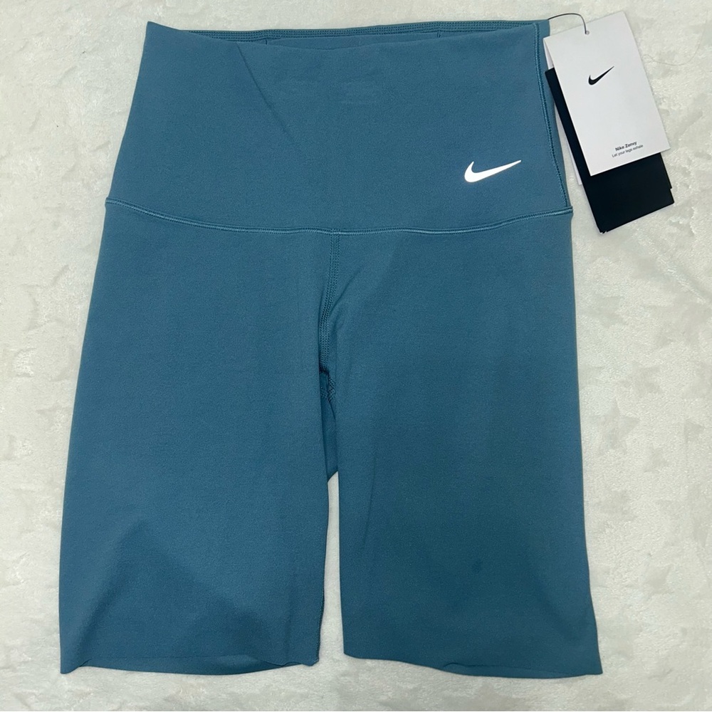 Nike Zenvy Dri-Fit, High Rise, Teal Bike Shorts with White Swoosh